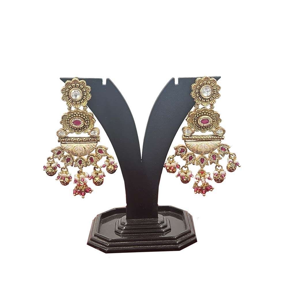 Antique Gold Jhumka Earrings with Pink Ruby Stones
