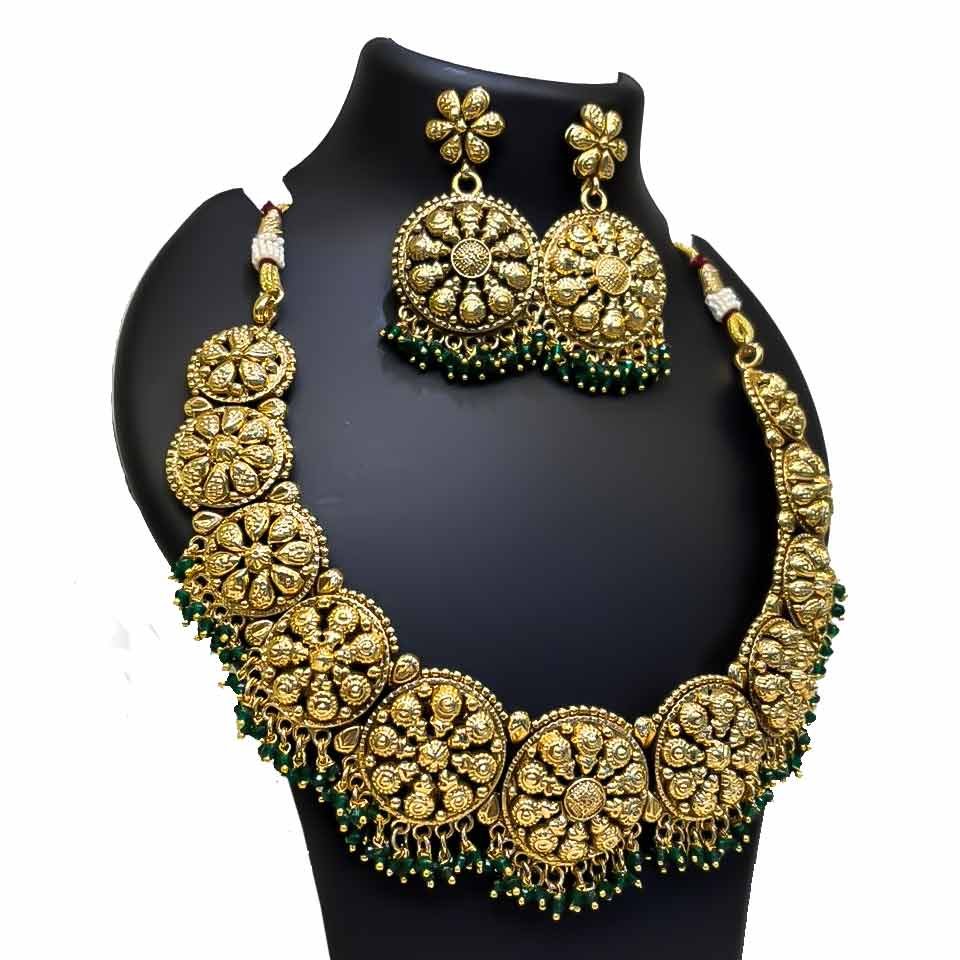 South Indian Antique Gold Coin Necklace Set with Green Beads - Traditional Kasumala Design