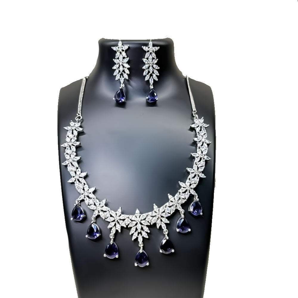 American Diamond Necklace Set with Blue Sapphire Drops - Silver Star Design