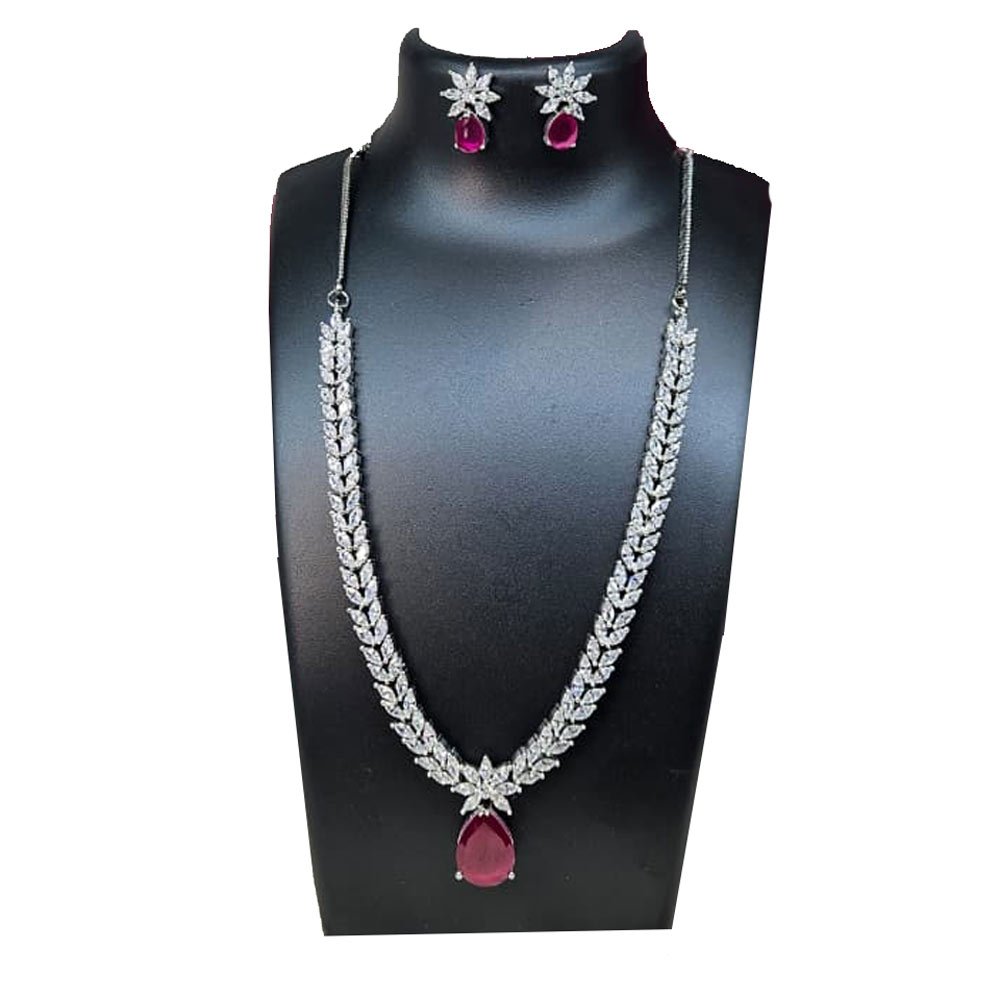 American Diamond Long Haar Necklace Set with Pink Drop