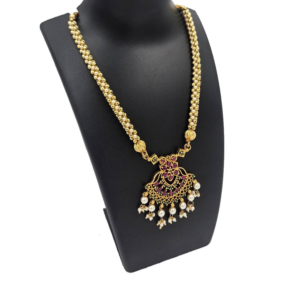 Long Necklace with Ruby Pearl Pendant - Antique Gold Temple Jewelry Chain