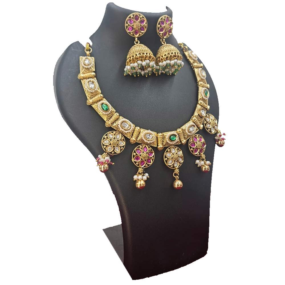 Antique Gold Kundan Necklace Set with Jhumki – Ruby & Emerald Temple Jewellery