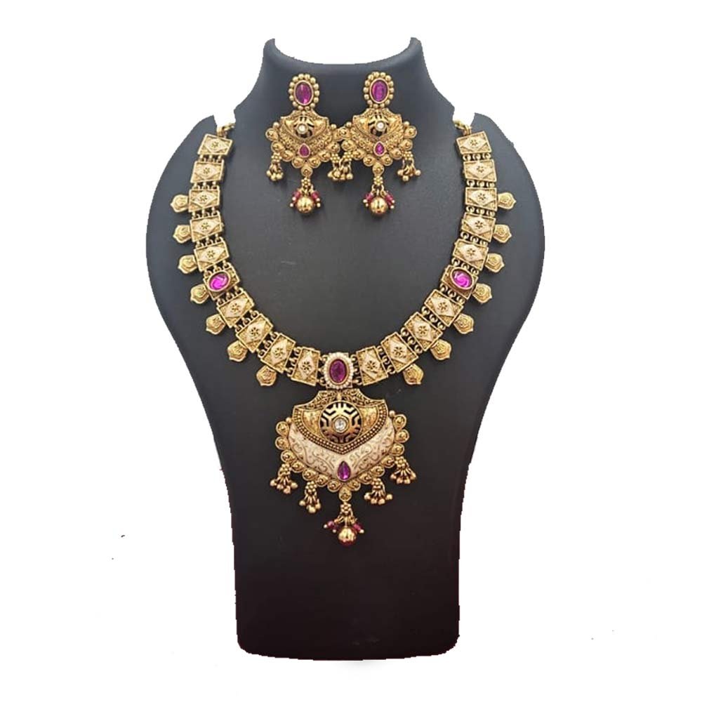 Traditional Gold Plated Necklace Set with Kundan Stones – Antique Temple Jewellery with Jhumka Earrings