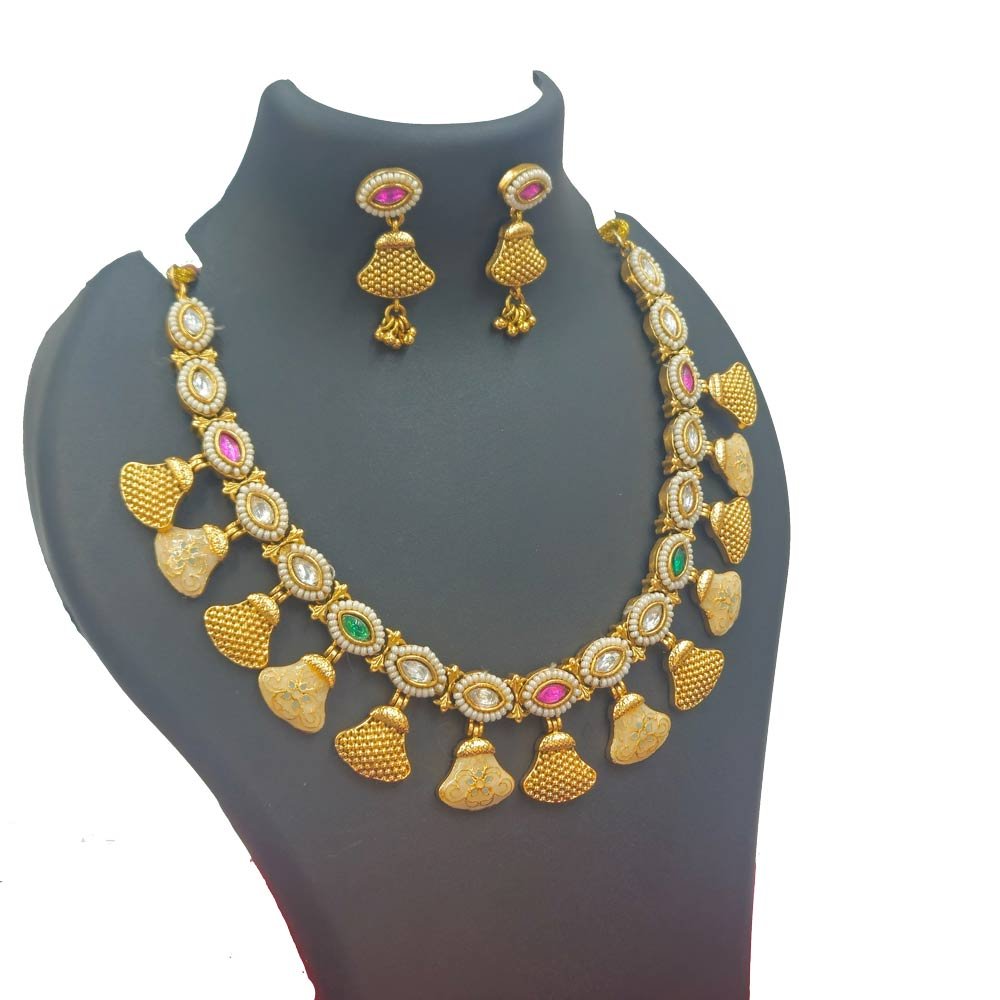 Gold Plated Temple Necklace Set with Ruby Stones - Traditional Antique Finish Bridal Jewelry