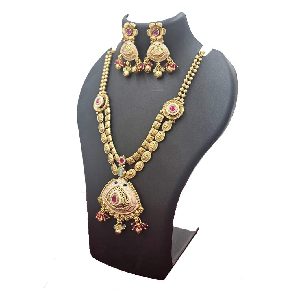 Antique Gold Long Choker Necklace Set with Ruby Emerald Stones - Traditional Kasulaperu Design