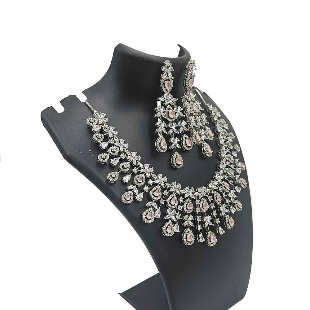 Rose Teardrop American Diamond Statement Necklace Set
