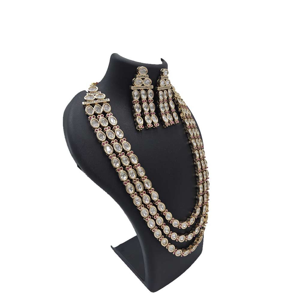 Long Layered Kundan Necklace Set - Triple Strand Polki Stone Dual Tone Jewelry