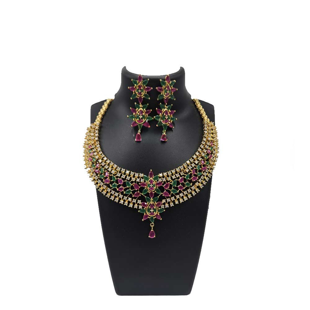 Ruby Emerald Kemp Stone Necklace Set - Antique Gold Plated Traditional Bridal Jewellery