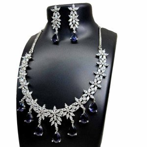 American Diamond Necklace Set with Blue Sapphire Drops - Silver Star Design