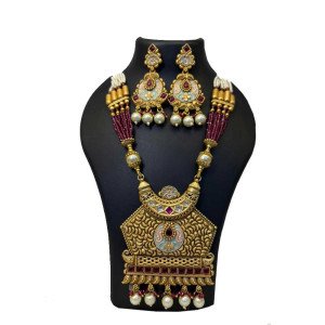 Antique Gold Finish Pendant Necklace Set with Maroon Beaded Chain - South Indian Temple Jewellery