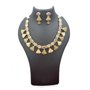 Gold Plated Temple Necklace Set with Ruby Stones - Traditional Antique Finish Bridal Jewelry