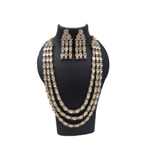 Long Layered Kundan Necklace Set - Triple Strand Polki Stone Dual Tone Jewelry