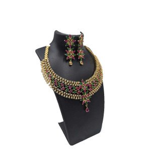 Ruby Emerald Kemp Stone Necklace Set - Antique Gold Plated Traditional Bridal Jewellery